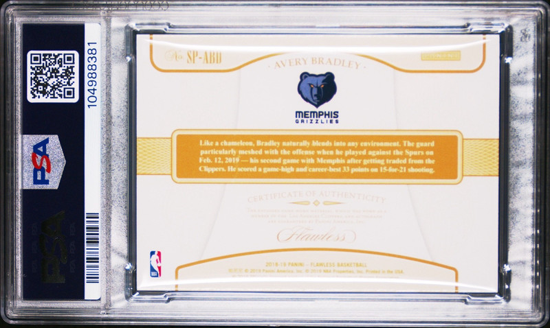 AVERY BRADLEY 2018-19 Panini Flawless Game-Worn Patch Autograph 14/25 PSA 8 view 2