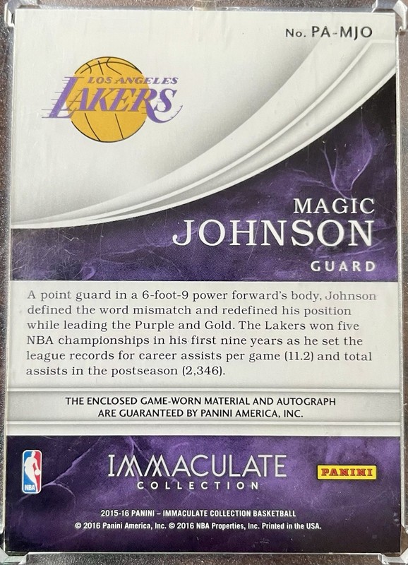 2015-16 Panini Immaculate Magic Johnson Patch Auto /40 Game Used HOF Lakers view 2