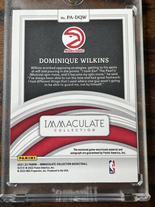 2021-22 Panini Immaculate Dominique Wilkins #PA-DQW Patch Auto /21 HOF Game Used view 2