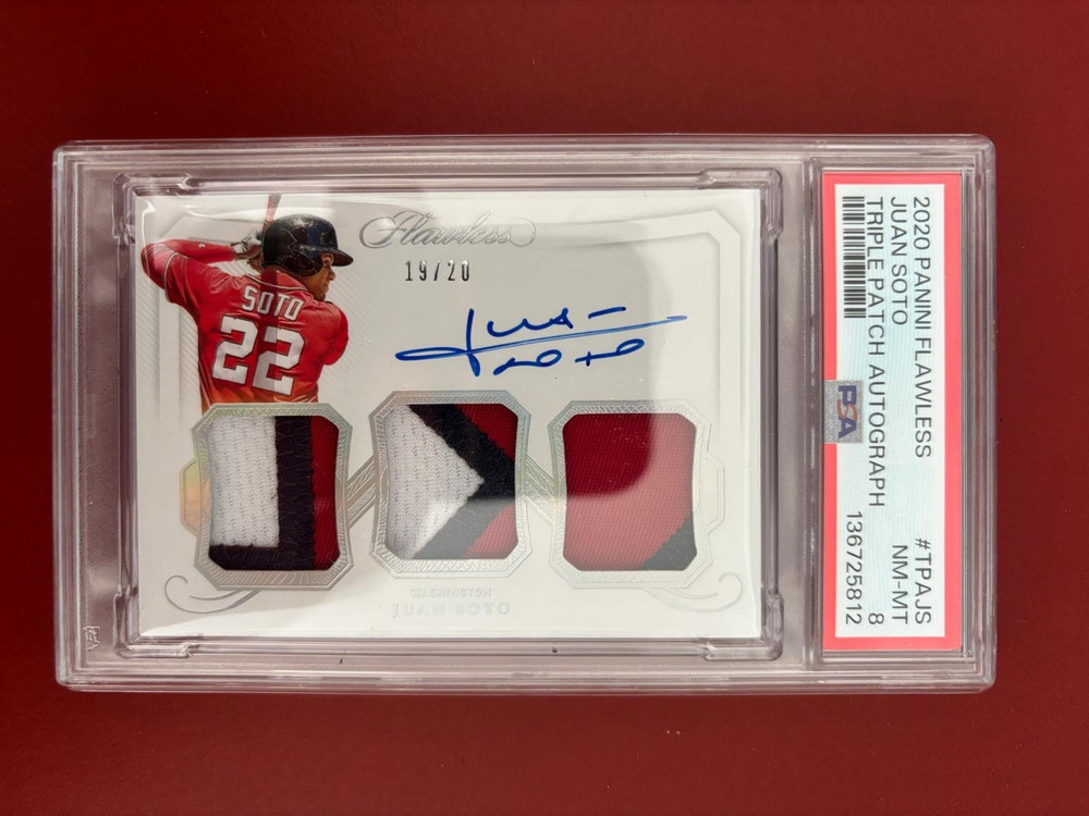2020 PANINI FLAWLESS/ JUAN SOTO/ TRIPLE PATCH AUTO/ SILVER/ PL. WRN/ #20/ PSA 8