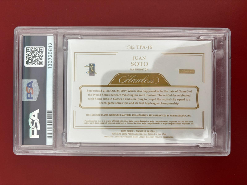 2020 PANINI FLAWLESS/ JUAN SOTO/ TRIPLE PATCH AUTO/ SILVER/ PL. WRN/ #20/ PSA 8 view 2