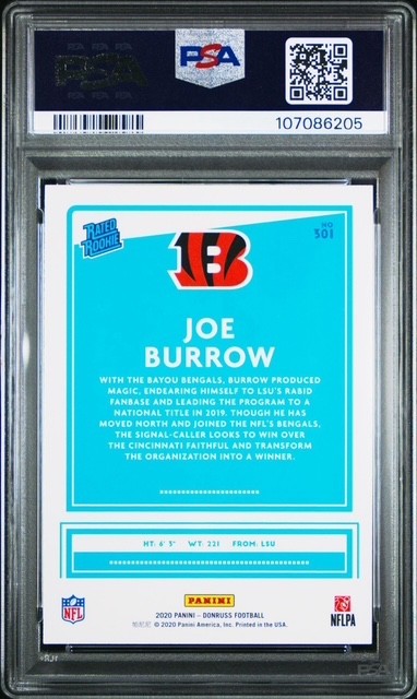 2020 Panini Donruss #301 JOE BURROW Rated Rookie (RC) PSA10 Gem Mint Bengals view 2