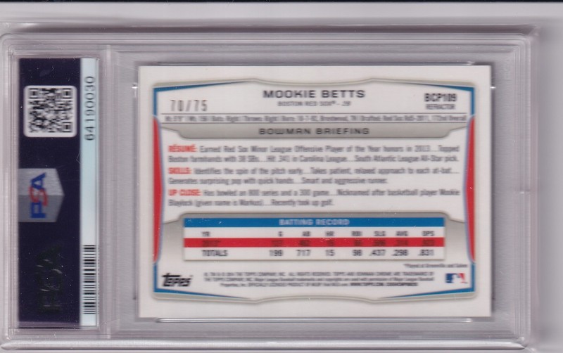 Mookie Betts 2014 Bowman Chrome Prospects GREEN REFRACTOR #70/75 - PSA 8 view 2