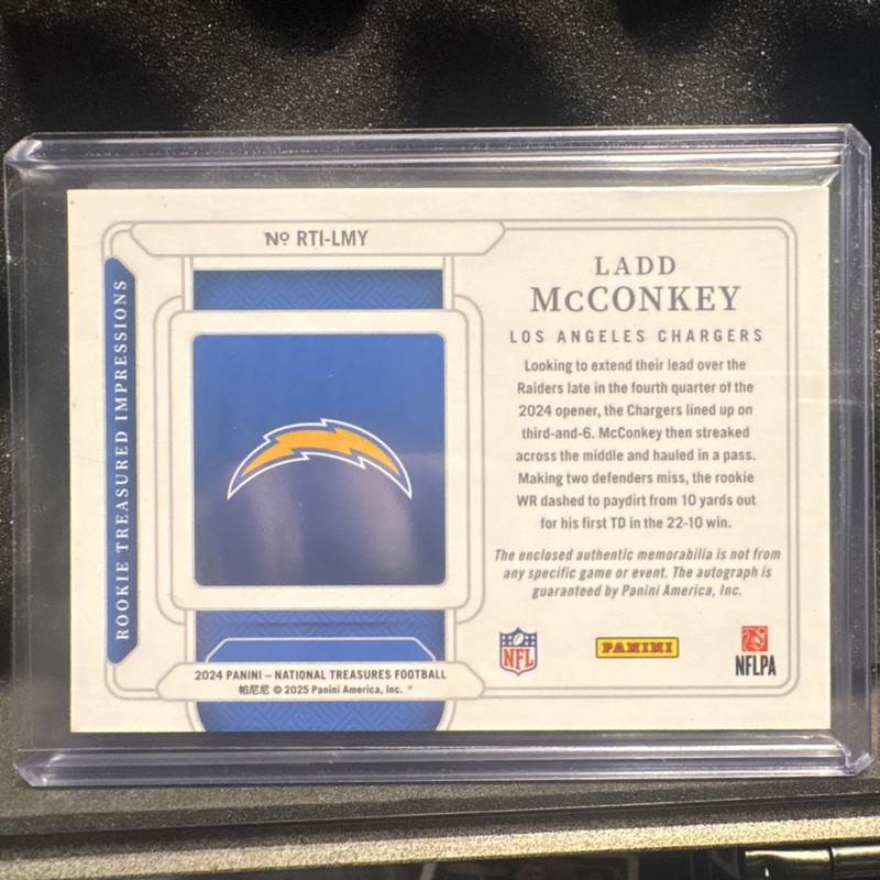 Panini 2024 National Treasures Ladd McConkey Chargers RTI-LMY Auto Mem RC view 2