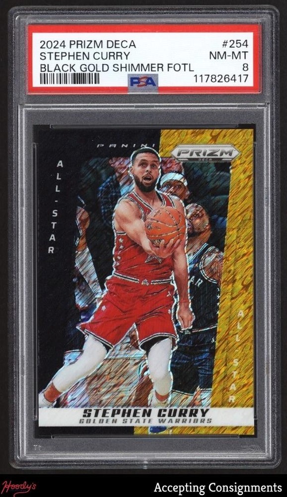 2024-25 Prizm Deca Prizms Black Gold Shimmer FOTL #254 Stephen Curry 8/8 PSA 8