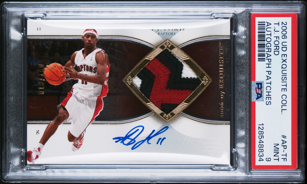 T.J. FORD 2006-07 UD Exquisite Game-Worn Patch Autograph 013/100 PSA 9 (pop 2)