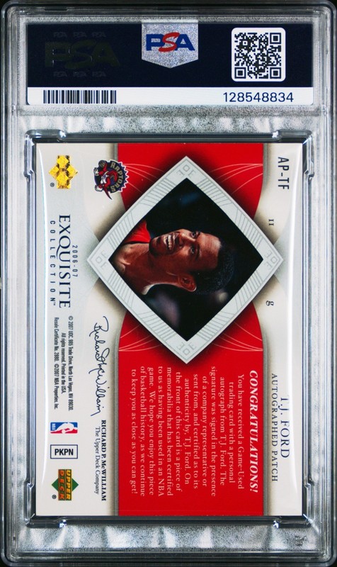T.J. FORD 2006-07 UD Exquisite Game-Worn Patch Autograph 013/100 PSA 9 (pop 2) view 2