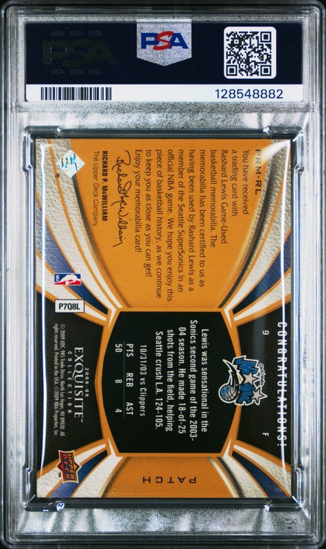 RASHARD LEWIS 2008-09 UD Exquisite Game-Worn Patch Prime 4-Colors 06/50 PSA 8 view 2