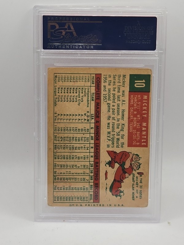 1959 Topps #10 Mickey Mantle New York Yankees HOF PSA 2 GOOD view 2