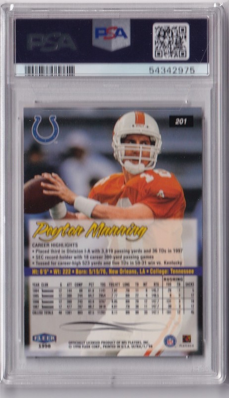 Peyton Manning 1998 Fleer Ultra ROOKIE RC #201 - PSA 9 Mint view 2