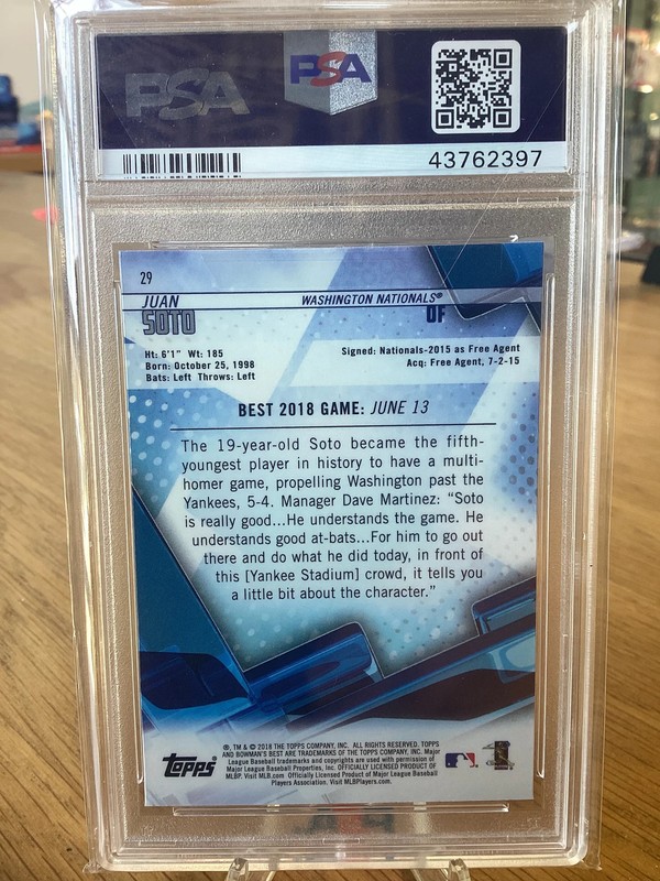 2018 Bowman's Best Juan Soto #29 PSA 10 view 2