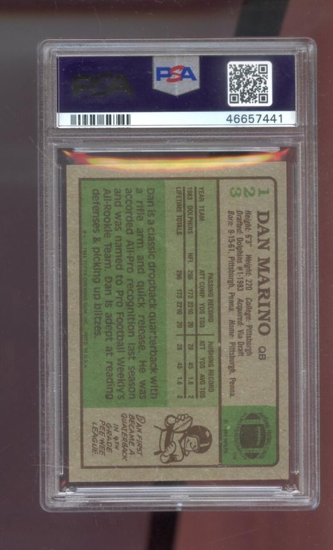 1984 Topps #123 Dan Marino Dolphins RC ROOKIE PSA 8 NM-MT Graded Football Card view 2