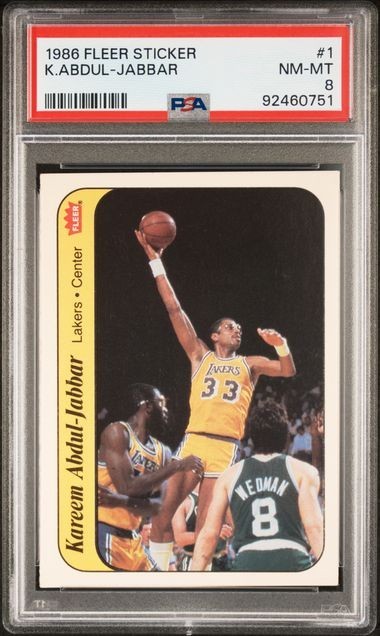1986 FLEER STICKER #1 KAREEM ABDUL-JABBAR PSA 8