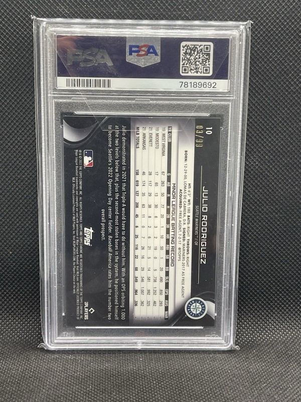 2022 Topps Chrome Black - Julio Rodriguez #10 Green Atomic Refractor /99 PSA 10 view 2