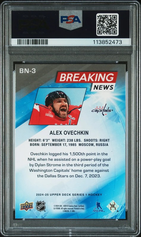 2024 Upper Deck Breaking News Alex Ovechkin #BN3 PSA 10 view 2