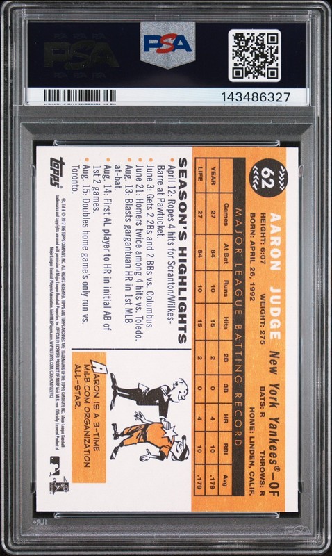 2017 Topps Archives Aaron Judge #62 Rookie Card PSA 10 GEM MINT view 2