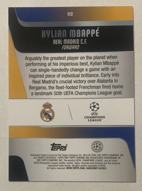 2025-26 Topps Chrome UCC Kylian Mbappe X-Fractor SP Insert Real Madrid view 2