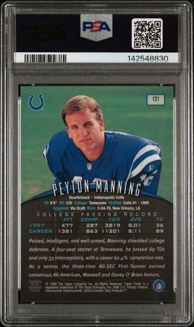 1998 Topps Finest Peyton Manning #121 Rookie Card RC Indianapolis Colts PSA 9 view 2