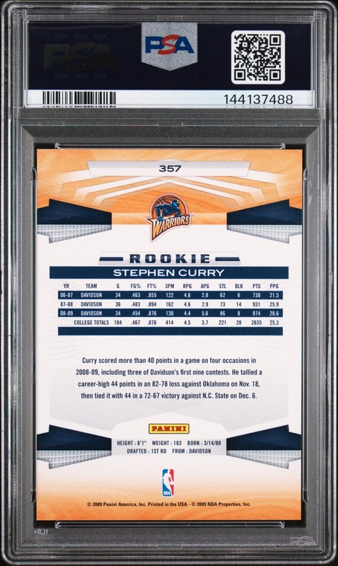 2009 Panini Stephen Curry #357 Rookie Card PSA 8 NM-MINT view 2