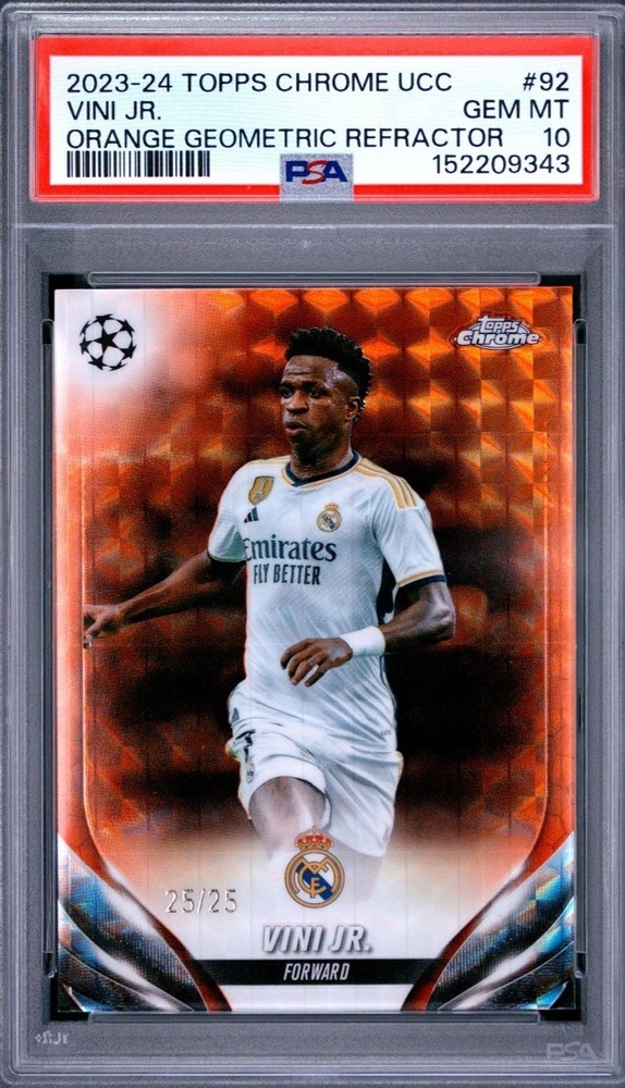 🔥#92 Vini Jr. 2023-24 Topps Chrome UCC - Orange Geometric /25 PSA 10 (Bookend!)