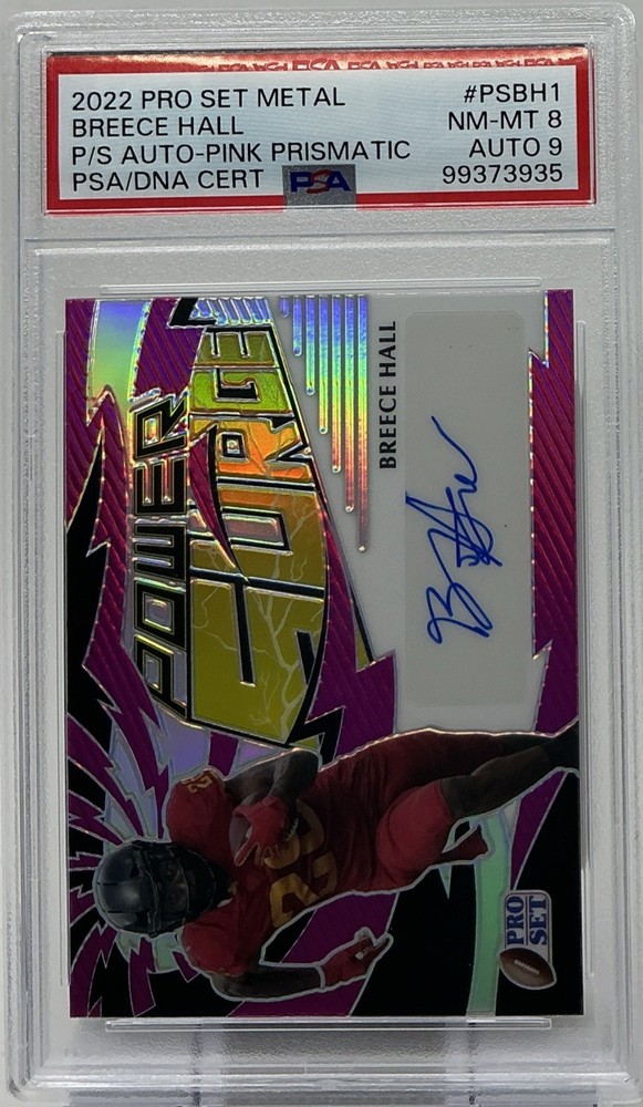 Breece Hall Rookie Auto PSA 8/9- 2022 Leaf Pro Set Power Surge ‘Pink’ /25 -Jets