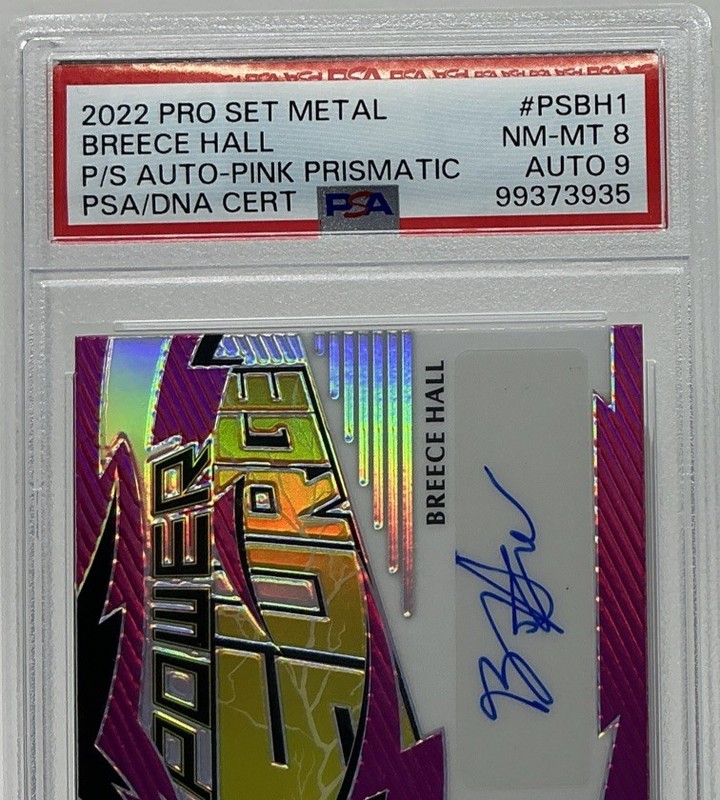 Breece Hall Rookie Auto PSA 8/9- 2022 Leaf Pro Set Power Surge ‘Pink’ /25 -Jets view 2