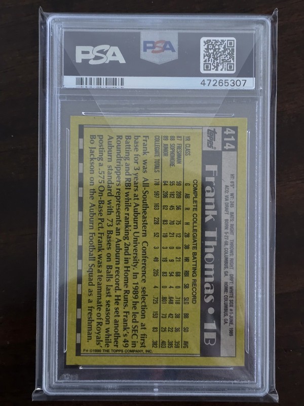 1990 Topps Frank Thomas ROOKIE #414 PSA 10 WHITE SOX HOF Name On Front 307 view 2