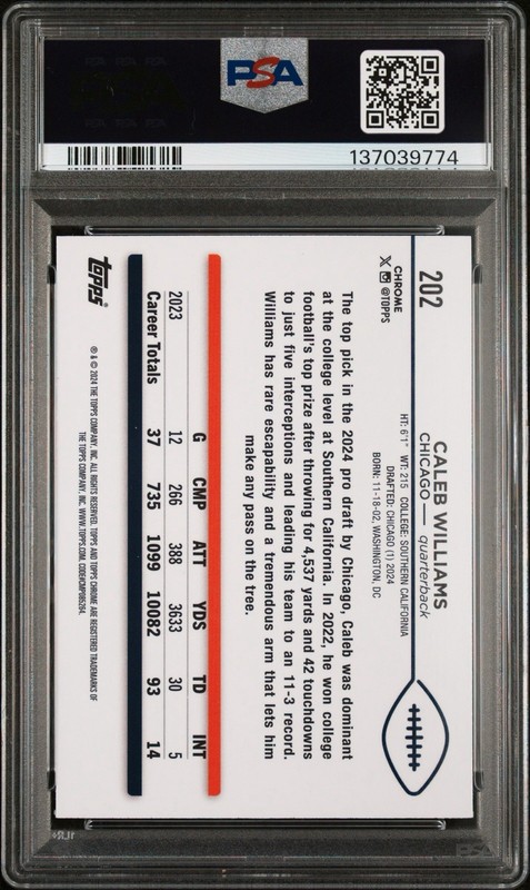 2024 TOPPS CHROME AQUA SONAR #202 CALEB WILLIAMS ROOKIE RC /199 PSA 10 LOW POP view 2