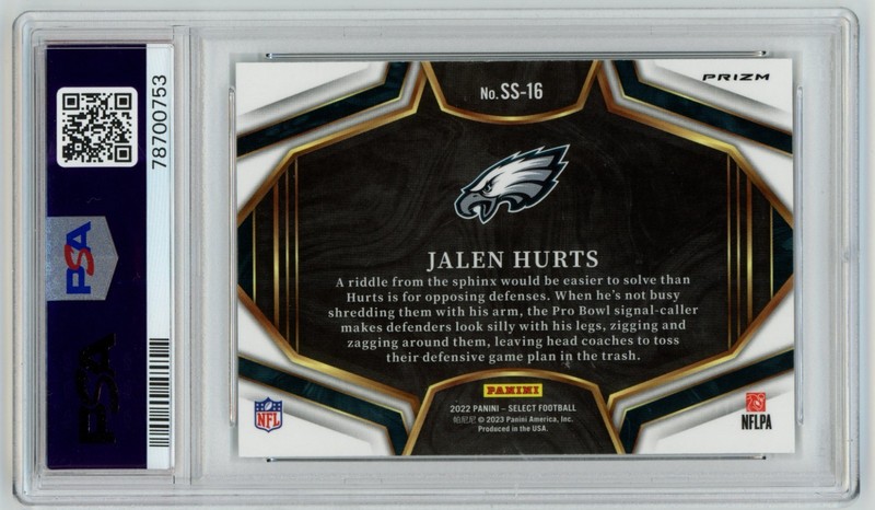 Jalen Hurts 2022 Select Snapshots Zebra Prizm SSP PSA 10 GEM MINT #SS-16 Eagles view 2