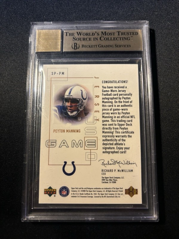 2000 UD Pros & Prospects Peyton Manning Signature Game Used Jersey Auto BGS 9.5 view 2