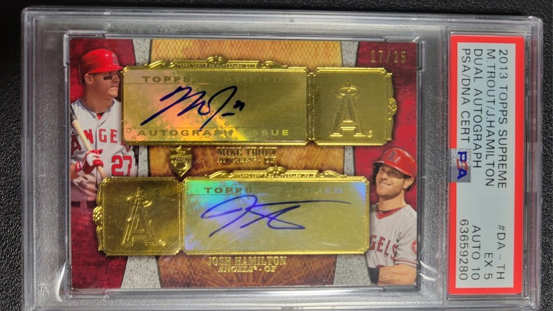 2013 Topps Supreme Mike Trout  & Josh Hamilton Dual Auto PSA 5/10 Auto #17/25 view 2