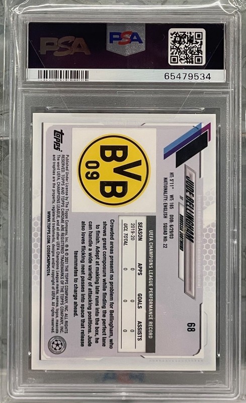 2020-21 Topps Chrome UCL Soccer Jude Bellingham Running Sapphire #68 RC PSA 10 view 2