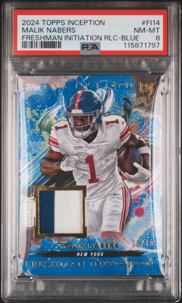 MALIK NABERS 2024 TOPPS INCEPTION Freshman PATCH /10 Rookie RC Giants PSA 8