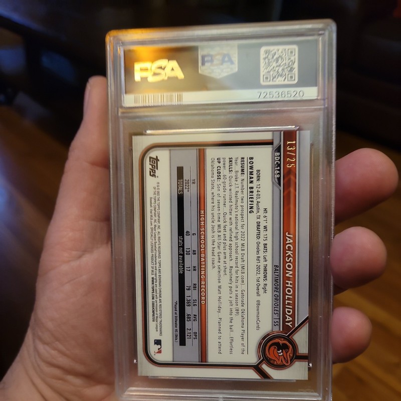 Jackson Holliday 2022 1st Bowman Draft Chrome True Orange Color match /25-PSA 9 view 2