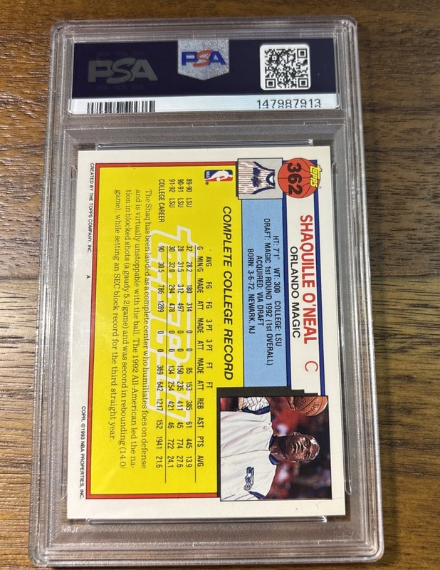 1992 Topps Gold Shaquille O'neal Rookie Card #362 PSA 8 GOLD HOF RC view 2