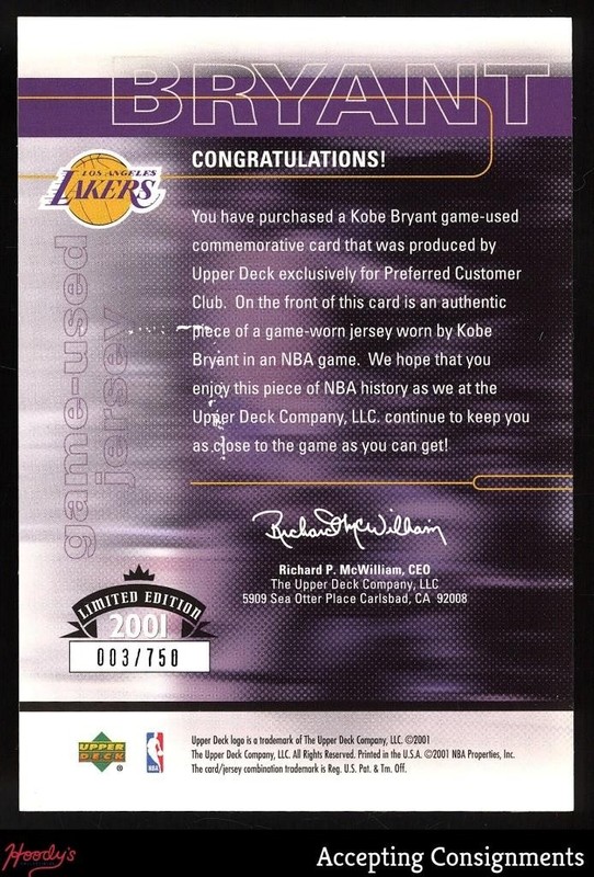 2001 Upper Deck Preferred Customer Club Kobe Bryant GAME-USED JERSEY 003/750 view 2