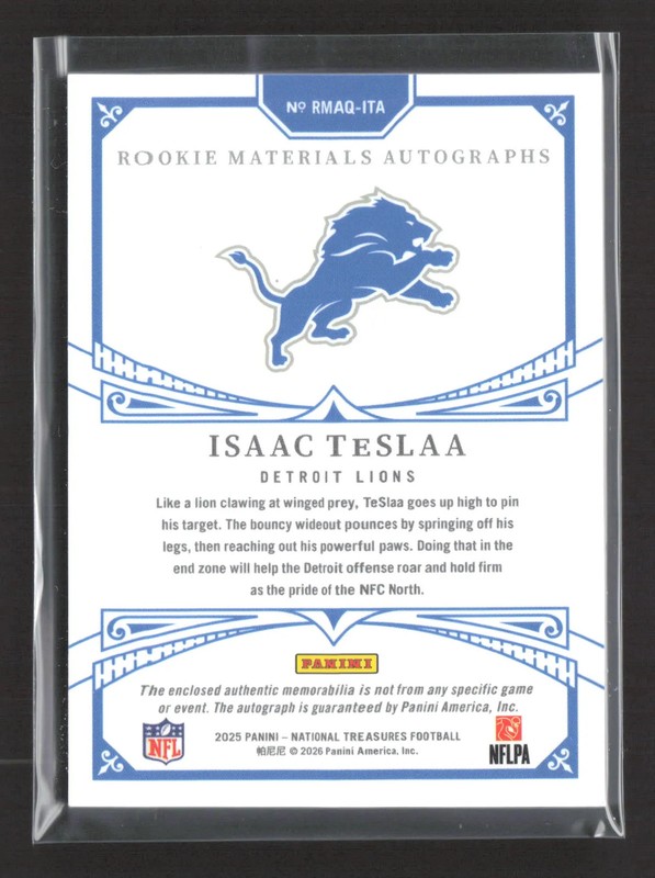 2026 Panini National Treasures Isaac TeSlaa Quad Patch RC 78/99 Rookie Auto view 2