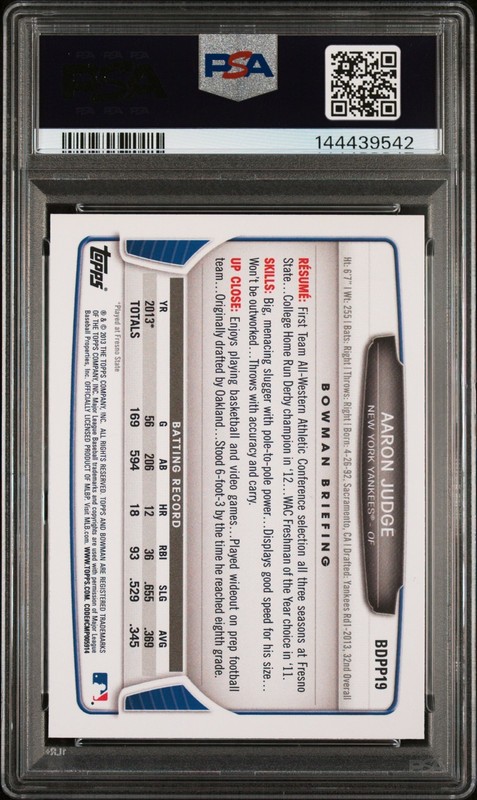 2013 Bowman Draft Picks & Prospects Aaron Judge #BDPP19 Rookie Card PSA 9 MINT view 2