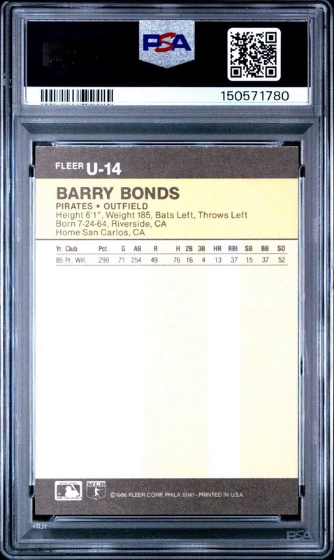 1986 Fleer Update Barry Bonds Rookie #U-14 PSA EX-MT view 2