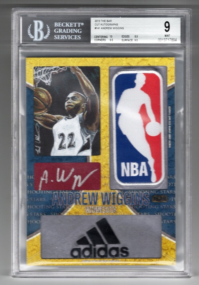 2015 The Bar Andrew Wiggins NBA Logoman Adidas Logo Patch Auto 1/1 BGS 9