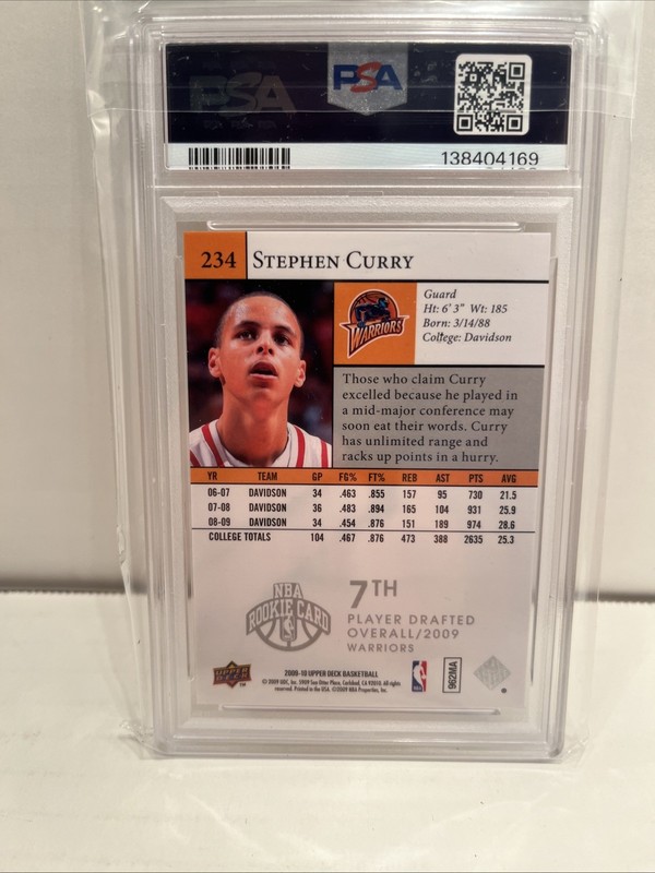 2009 UPPER DECK #234 STEPHEN CURRY ROOKIE RC PSA 8 view 2