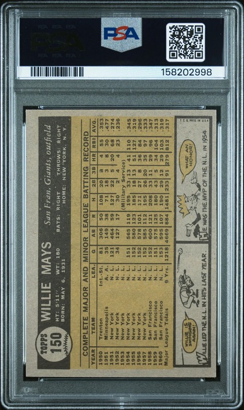 1961 Topps Willie Mays #150 MC PSA 6 view 2