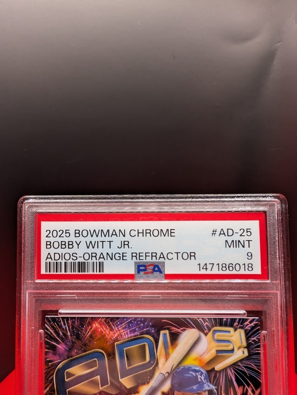 Bobby Witt Jr. 2025 Bowman Chrome /25 Adios-Orange Refractor #AD-25 PSA 9 view 2