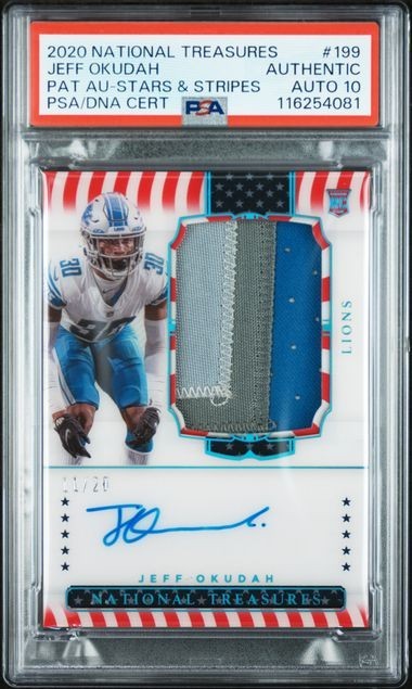 2020 NATIONAL TREASURES #199 JEFF OKUDAH PAT AU-STARS & STRIPS PSA AUTH AUTO 10