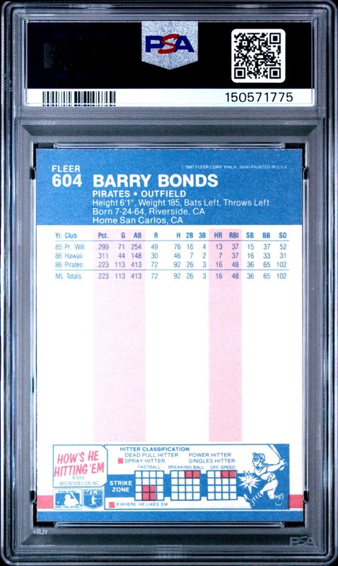 1987 Fleer Barry Bonds ROOKIE CARD #604 - PSA NM view 2