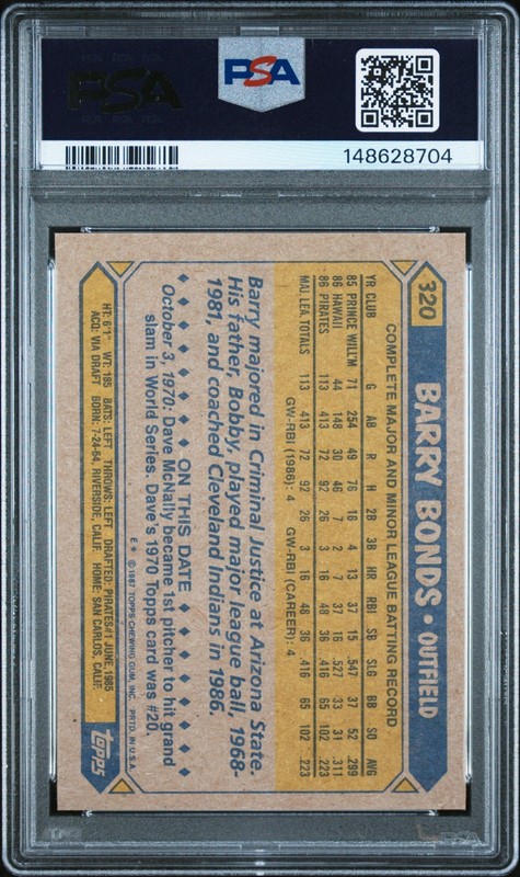 1987 Topps Barry Bonds ROOKIE CARD #320 - PSA NM view 2