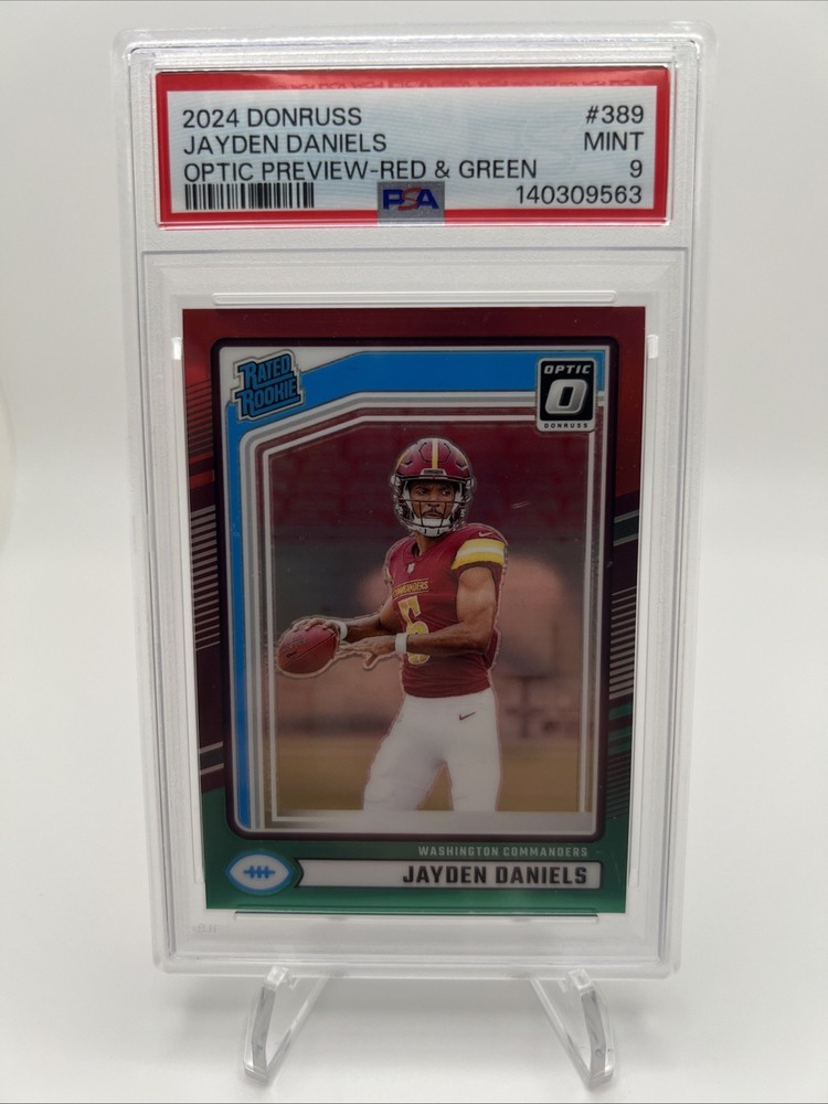 2024 Donruss Rated Rookie Jayden Daniels #389 Optic Preview Red & Green PSA 9