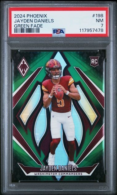 2024 PANINI PHOENIX #198 JAYDEN DANIELS GREEN FADE 1/199 PSA NM 7