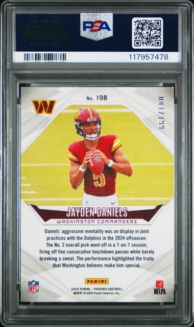 2024 PANINI PHOENIX #198 JAYDEN DANIELS GREEN FADE 1/199 PSA NM 7 view 2