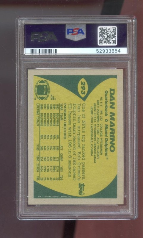 1989 Topps #293 Dan Marino PSA 10 Graded Football Card NFL Miami Dolphins GEM MT view 2